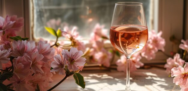 Photo un verre de vin rose à côté de quelques fleurs roses