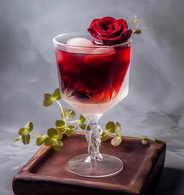 Un verre de vin avec une rose dessus