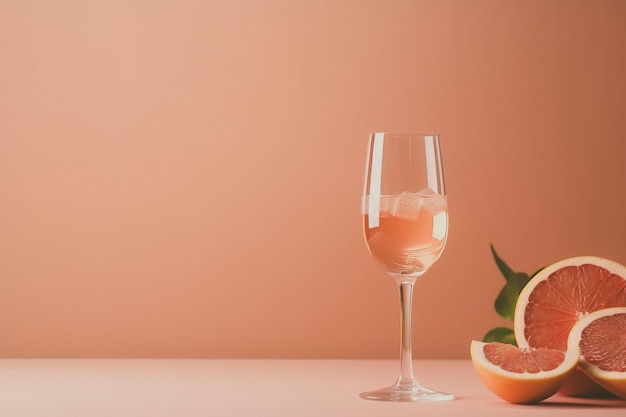 Verre avec vin rosé pétillant et pamplemousse sur fond pastel avec espace de copie Bannière format grand angle