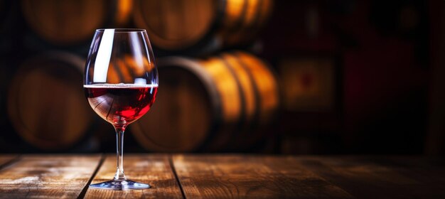 Verre de vin rouge avec un arrière-plan flou de cave à vin avec barils IA générative