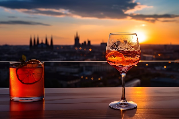 Verre de vin rouge au coucher du soleil Photo HD