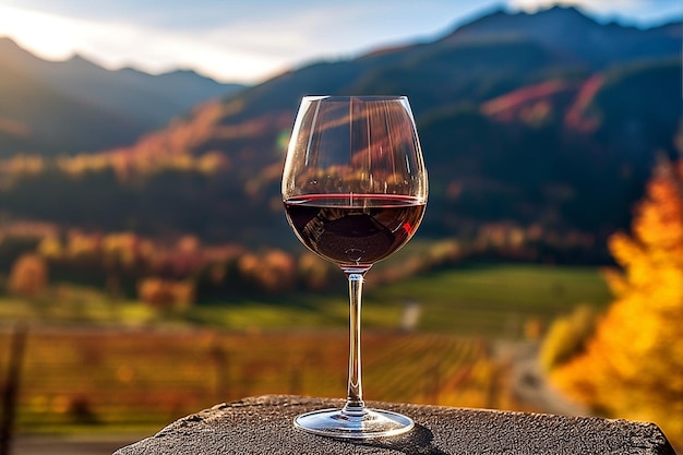 Verre à vin rouge avec un beau paysage d'automne AI Generative