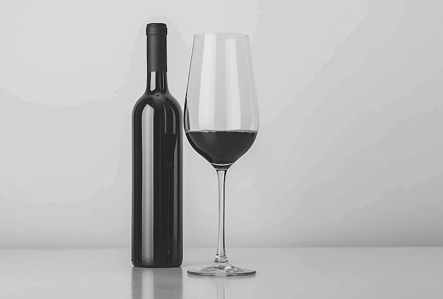 un verre de vin rouge et une bouteille sur fond blanc