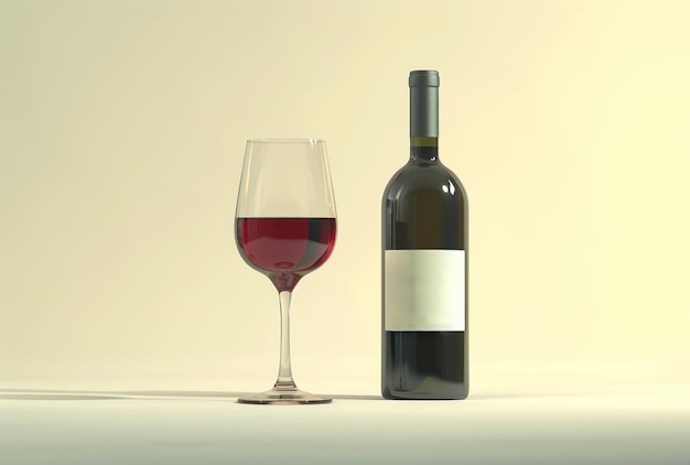 un verre de vin rouge et une bouteille sur fond blanc