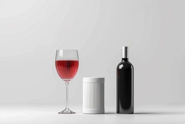 un verre de vin rouge et une bouteille sur fond blanc