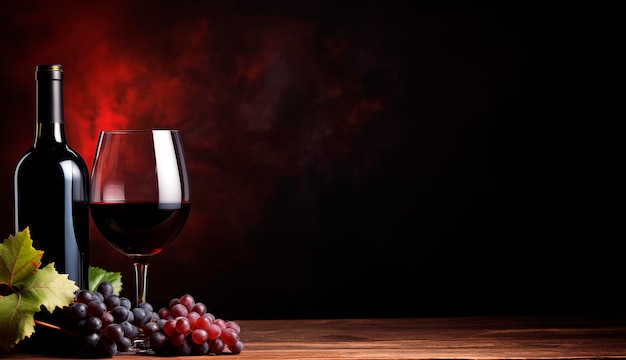 Photo verre de vin rouge et bouteille sur table en bois avec espace de copie sur fond noir ai généré