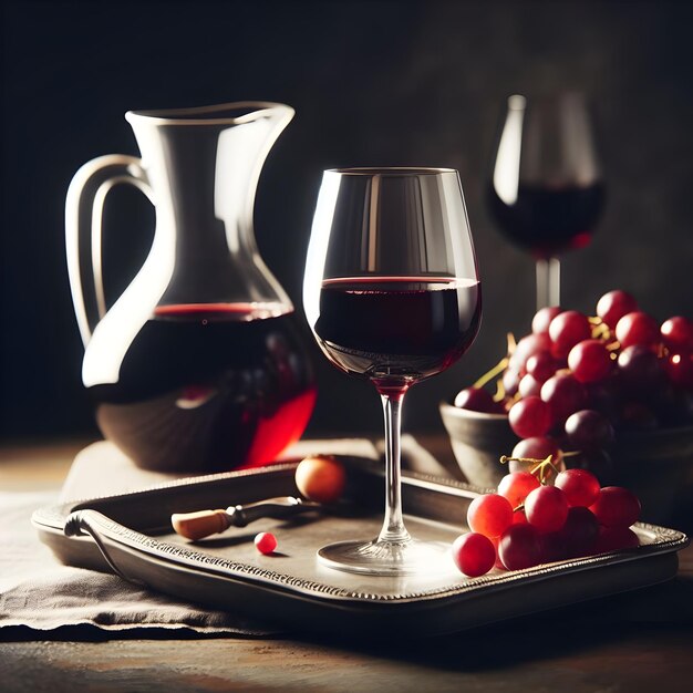 Photo un verre de vin rouge avec une carafe sur un plateau