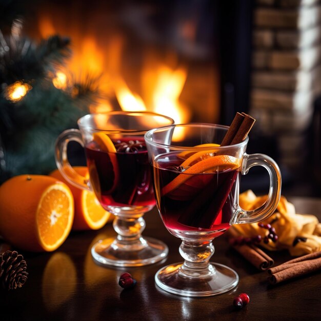 Photo un verre de vin rouge chaud d'hiver avec de la cannelle