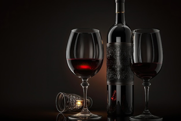 Un verre de vin rouge chic et des bouteilles de vin noir sur fond sombre