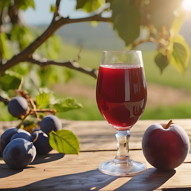 un verre de vin rouge à côté d'une pomme et d'une poire