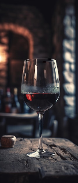 Un verre de vin rouge est posé sur un comptoir de bar.