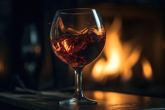 Un verre de vin rouge est posé sur une table devant une cheminée.