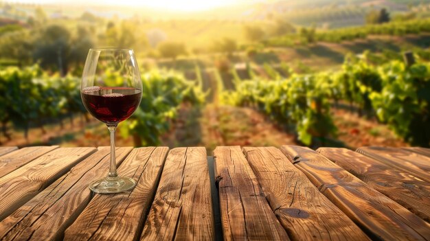 Un verre de vin rouge est sur une table en bois dans une vigne.