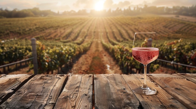 Un verre de vin rouge est sur une table en bois devant une vigne.