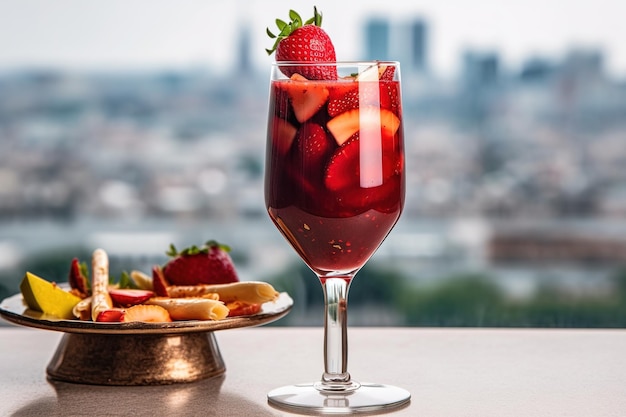 Un verre de vin rouge avec une fraise sur le dessus se trouve à côté d'une assiette de fruits.