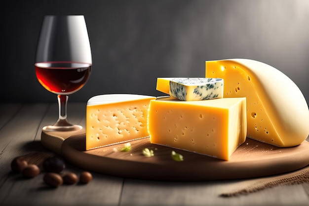 Un verre de vin rouge avec des fromages