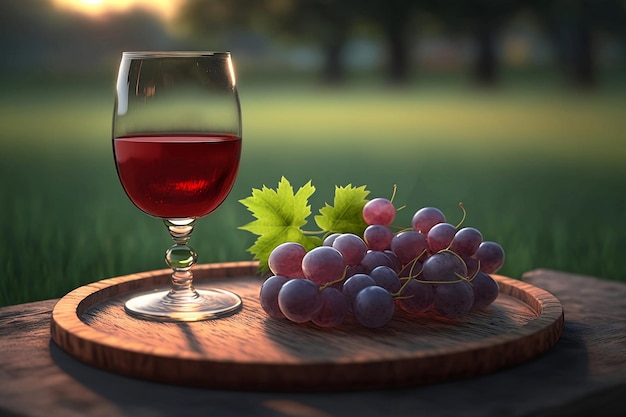 Verre de vin rouge sur plateau en bois sur l'herbe verte