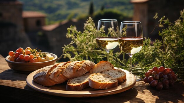 Photo verre de vin rouge, raisins de vin blanc et fromage sur table en bois dans le vignoble