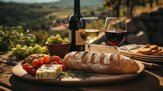 Photo verre de vin rouge, raisins de vin blanc et fromage sur table en bois dans le vignoble