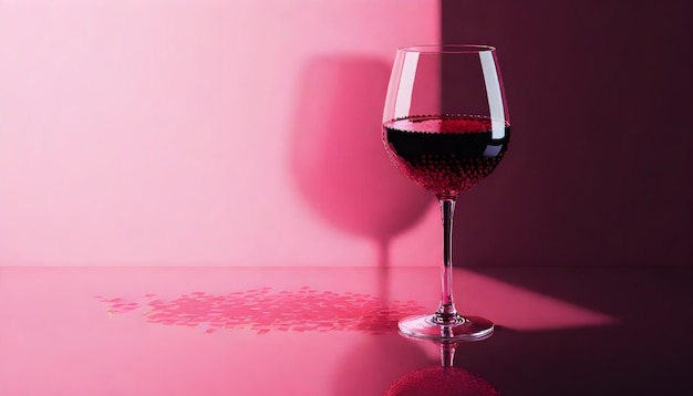 Un verre de vin rouge sur une surface réfléchissante avec un fond rose