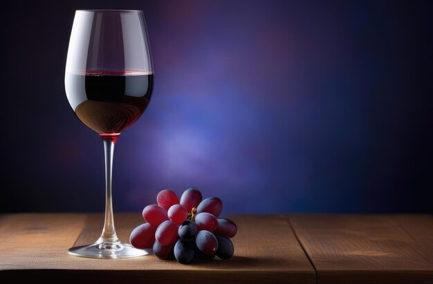 un verre de vin rouge sur une table en bois un bouquet de raisins dégustation de vin expert sommelier concept de cave d'élevage fond bleu lieu pour le texte