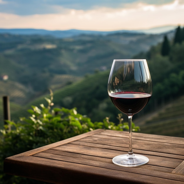 Photo un verre de vin rouge sur une table en bois avec un fond naturel