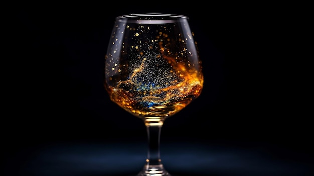 Le verre à vin scintille et scintille avec une lueur étoilée magique à l'intérieur