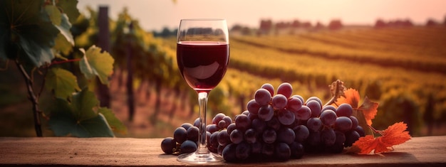 Un verre de vin se tient sur une table avec une grappe de raisin surplombant un champ d'été ensoleillé avec des vignes Generative AI