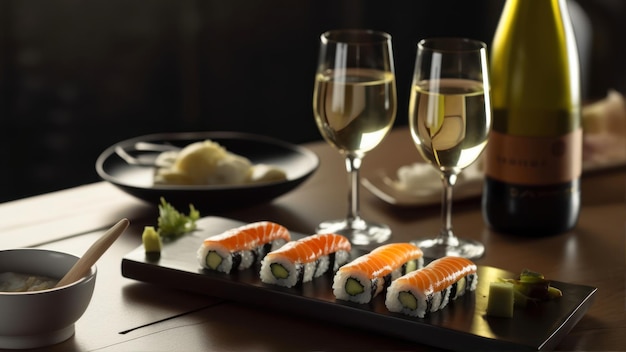 Un verre de vin et des sushis sur une table