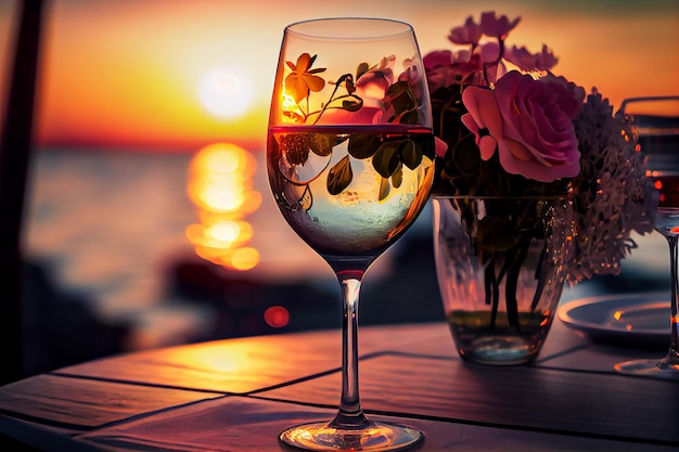 Verre de vin sur table avec des fleurs sur fond de coucher de soleil sur la mer généré par l'IA