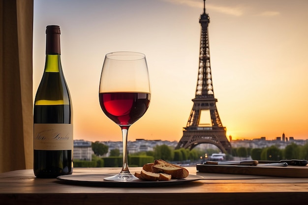 Photo verre de vin sur une table avec la tour eiffel au coucher du soleilxaxa