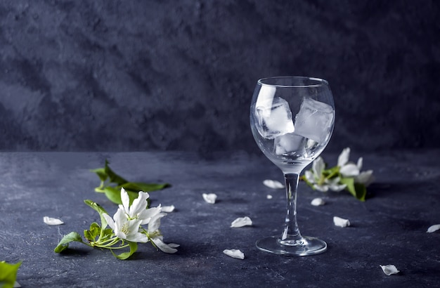 Verre à vin vide avec des glaçons