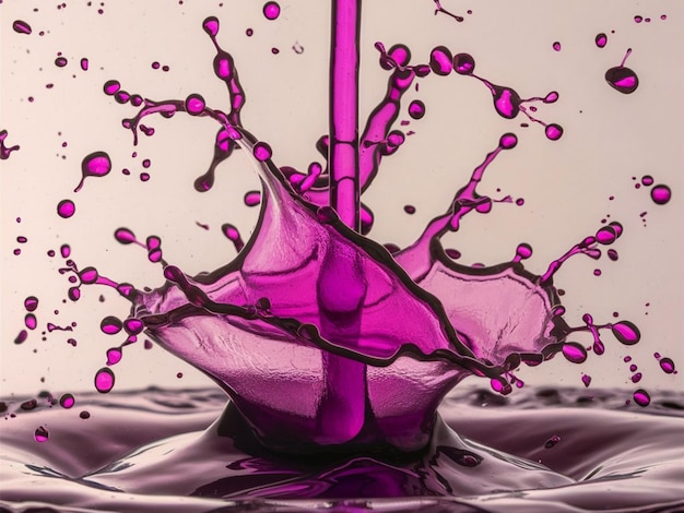 un verre violet avec du liquide violet et des éclaboussures violettes et roses