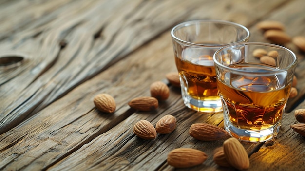 un verre de whisky et des amandes avec des noix sur une table en bois