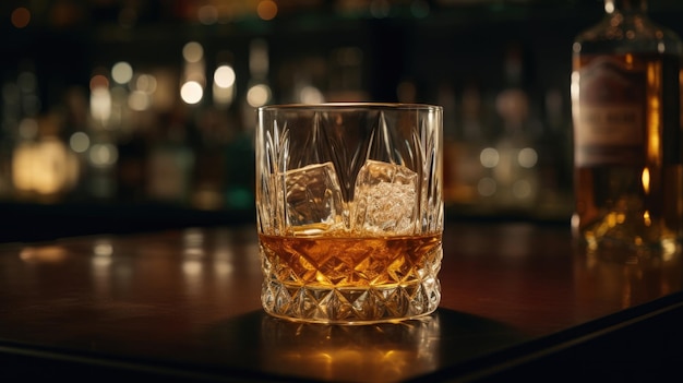 Un verre de whisky sur un bar avec des glaçons