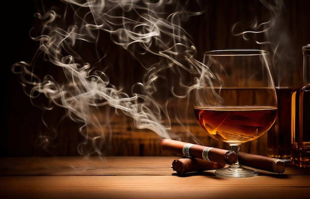 Verre de whisky avec un cigare fumant sur un fond en bois Generative AI