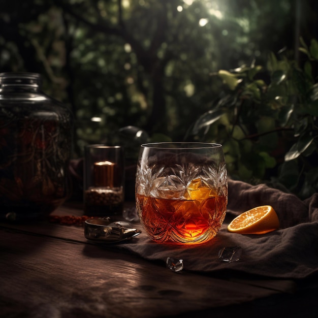 Un verre de whisky et une demi-orange sur une table.