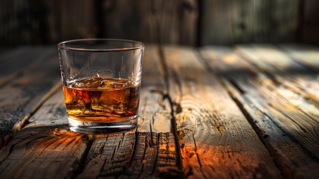 Un verre de whisky écossais posé sur une table en bois vieillie évoquant un sentiment de tradition et de chaleur