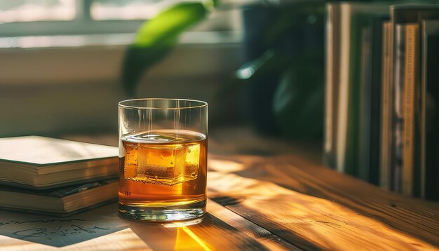 Un verre de whisky est assis sur une table en bois à côté d'un livre ouvert.