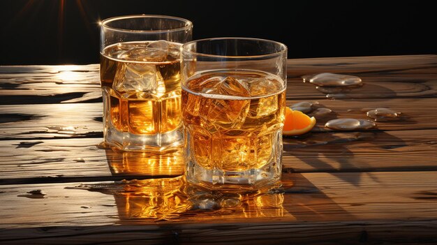 un verre de whisky est assis sur une table à côté d'un verre de whisky à moitié rempli