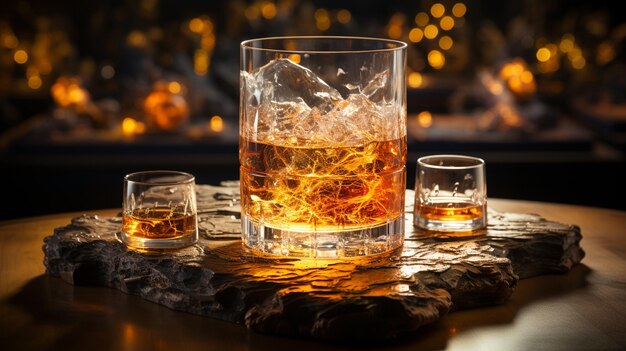 un verre de whisky est assis sur une table avec un feu en arrière-plan