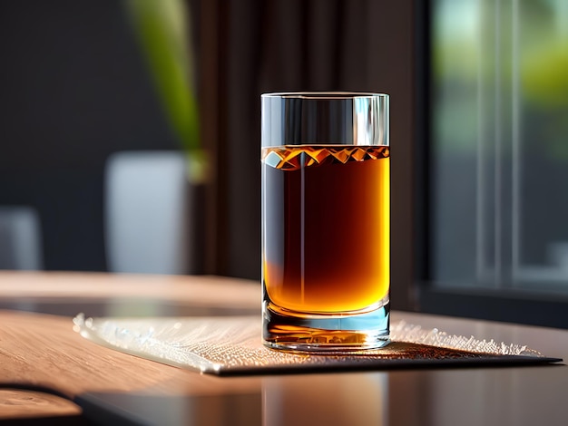 Un verre de whisky est posé sur un dessous de verre sur une table avec une fenêtre derrière.