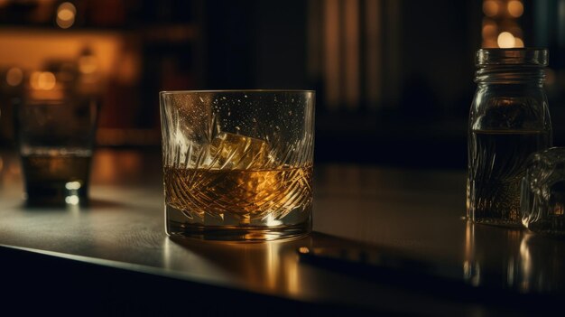 Un verre de whisky est posé sur une table dans une pièce sombre.