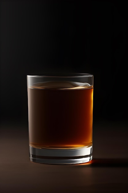 Un verre de whisky est posé sur une table avec un fond noir.