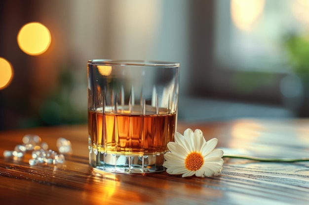 Un verre de whisky est sur la table une fleur est à côté de lui fond flou