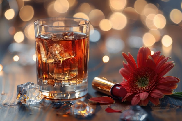 Un verre de whisky est sur la table fleur et rouge à lèvres fond flou