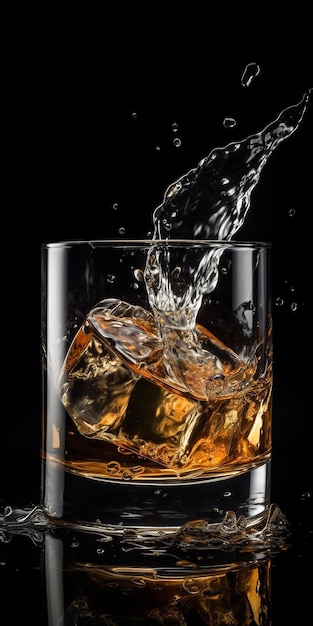 Un verre de whisky est versé dans un verre avec des glaçons.