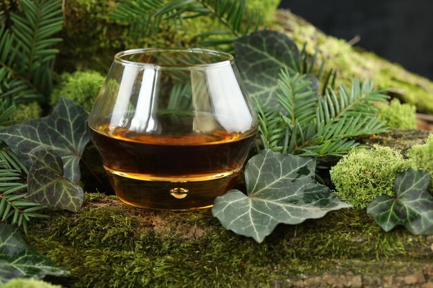 verre de whisky sur le fond vert de la forêt avec de la mousse