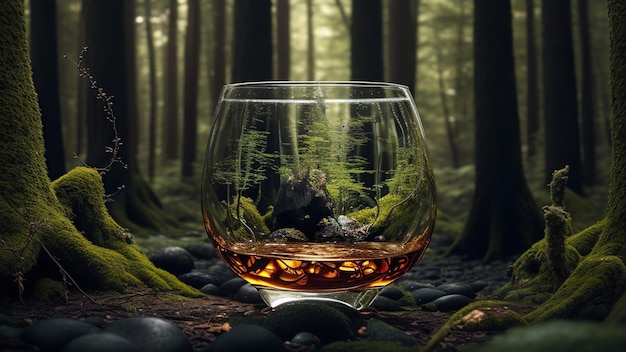 Un verre de whisky avec de la forêt à l'intérieur.
