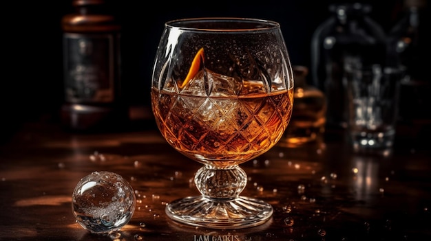 Un verre de whisky avec de la glace au fond et un verre de whisky au fond.